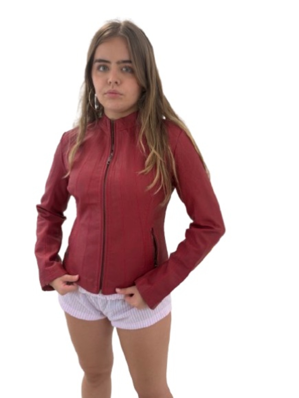 Women’s Red Faux Leather Zip-Front Jacket